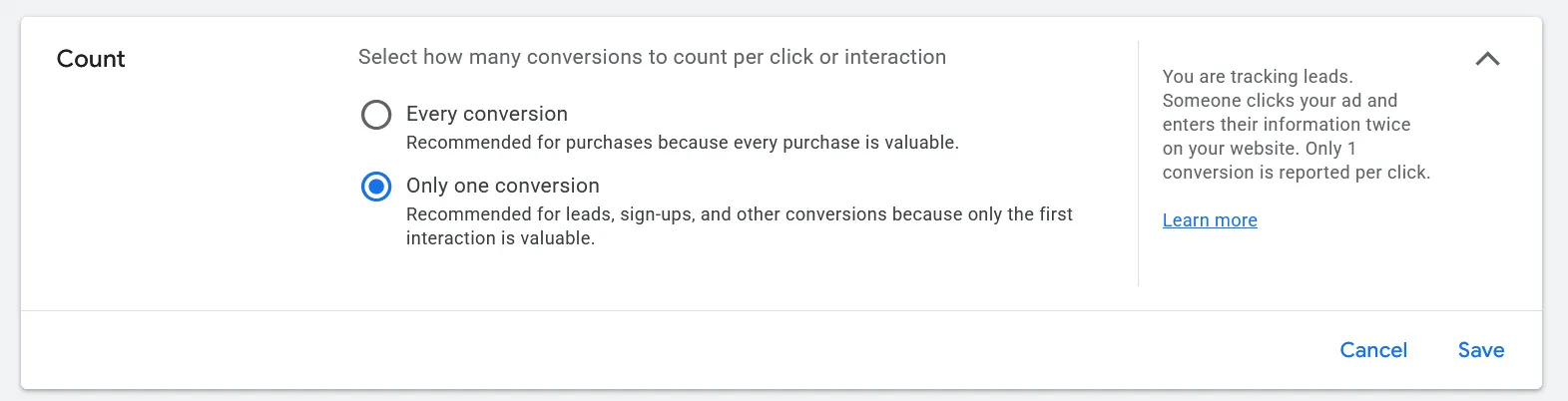 Google Ads conversion count setting